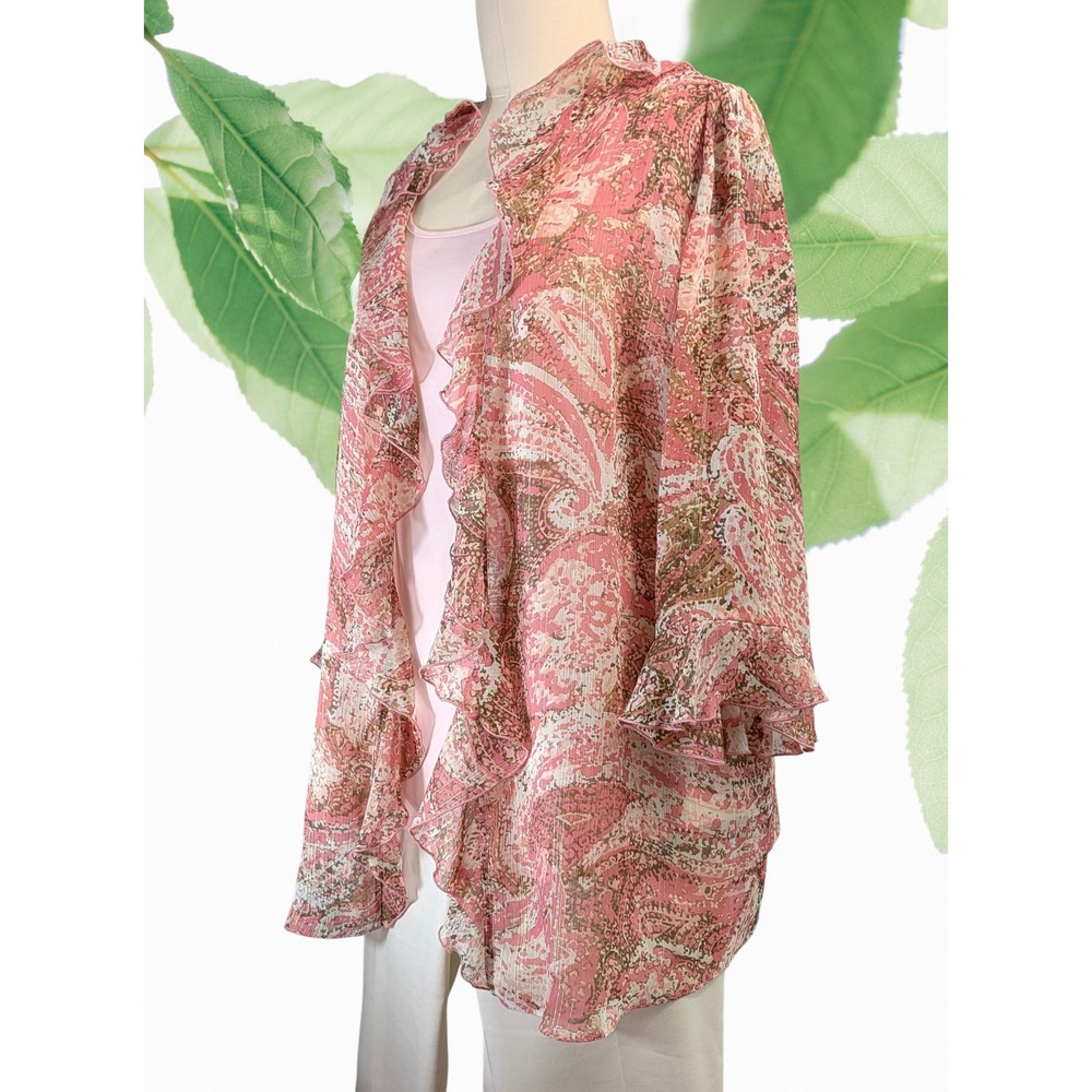 Y2K Dana Kay Sz 24W Coral Paisley Gold Metallic Flounced Ruffle Cardigan Duster